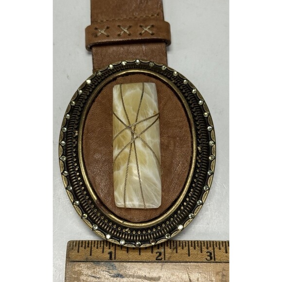 VTG Saks Fifth Avenue Brown Leather Belt Size L Chunky Boho Stone Brass Buckle main image 7